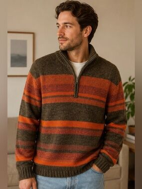Tōgo 100% Lambswool Half Zip Sweater Men’s Medium Brown Orange Striped Pullover